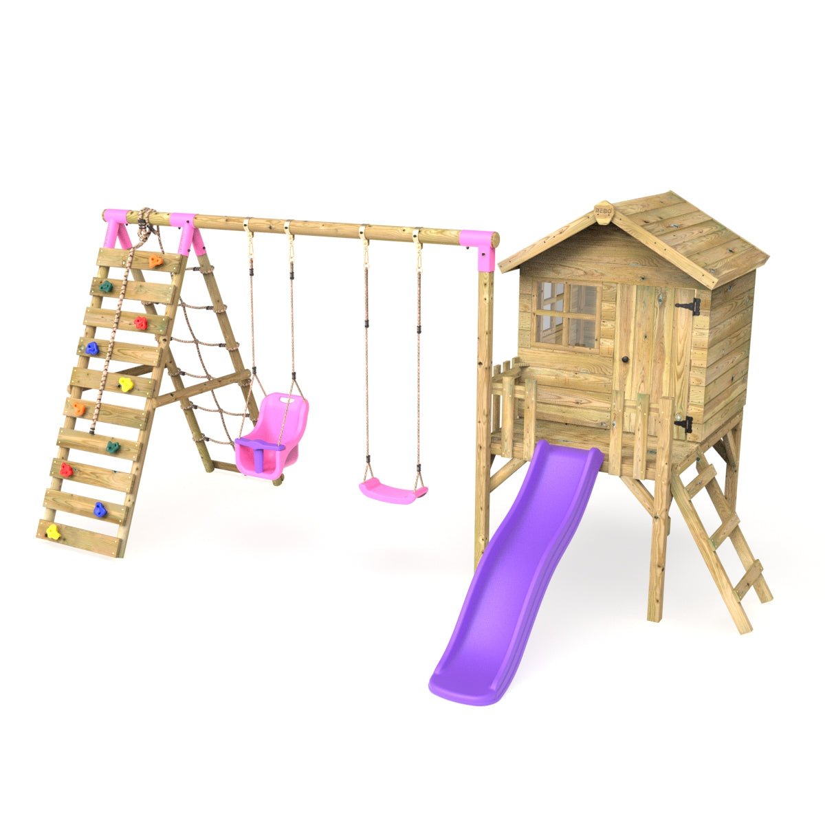 Pink wooden best sale playhouse with slide