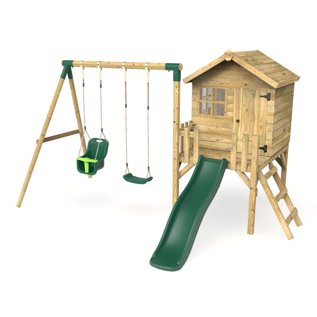 Playhouse set with store ladder slide and swings