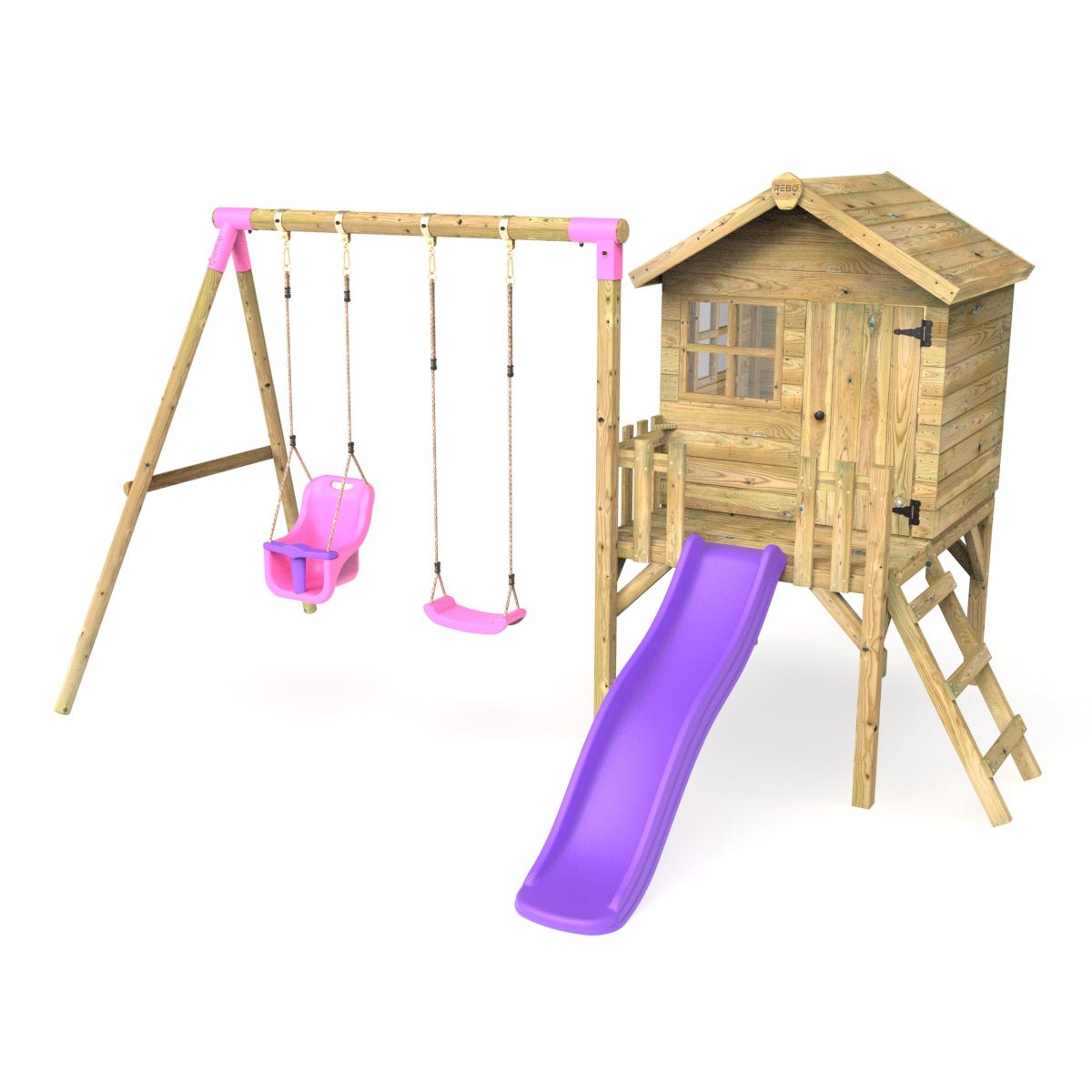 Wooden playhouse with slide best sale and swing