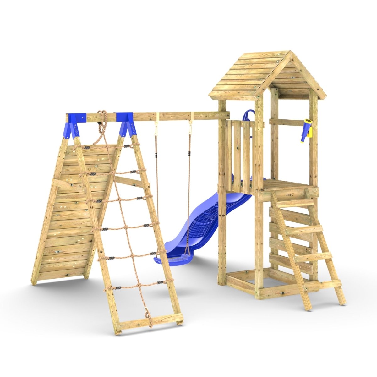 Limited Edition Rebo Wooden Climbing Frame with Swing and Up & over Climbing wall - Bear Blue