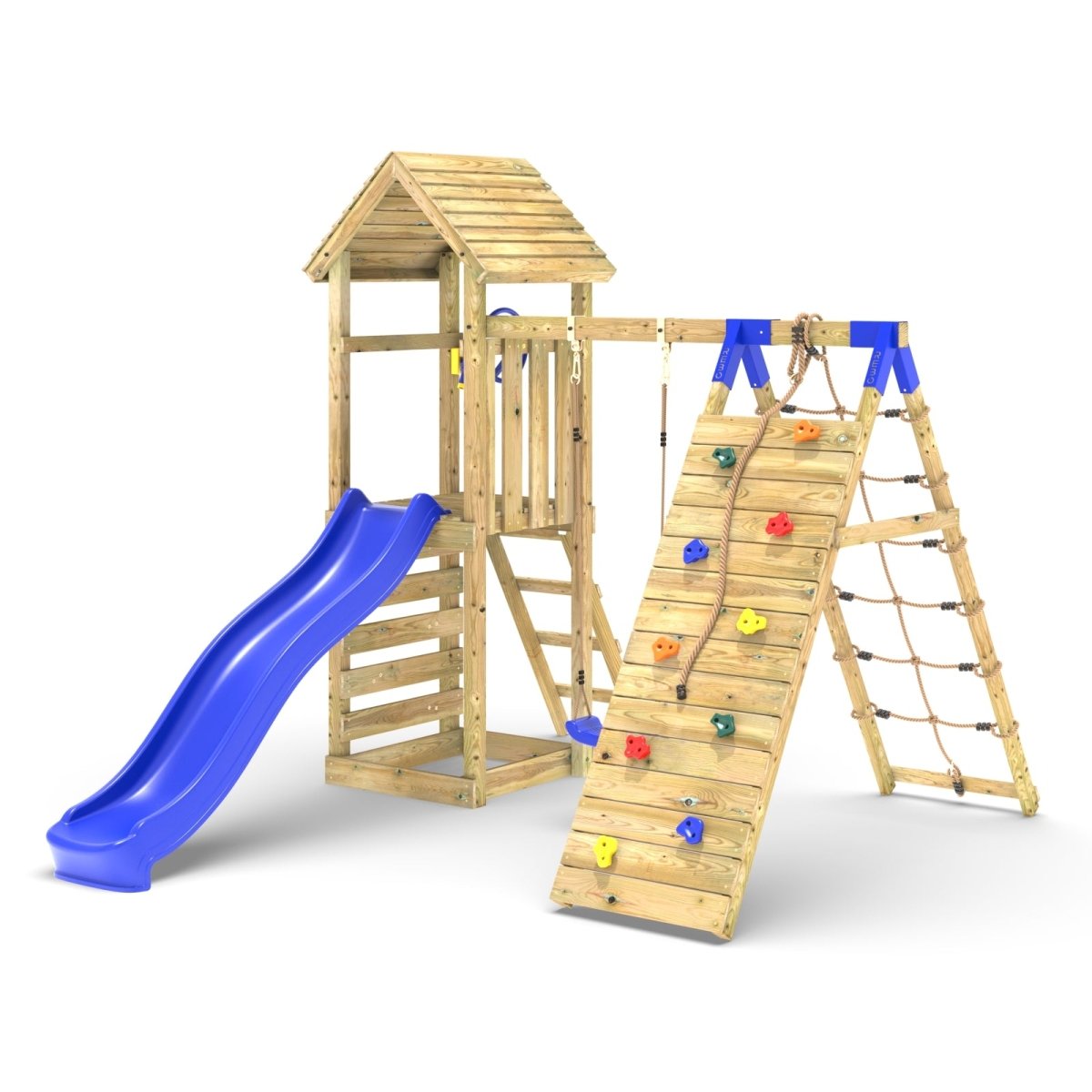 Limited Edition Rebo Wooden Climbing Frame with Swing and Up & over Climbing wall - Bear Blue