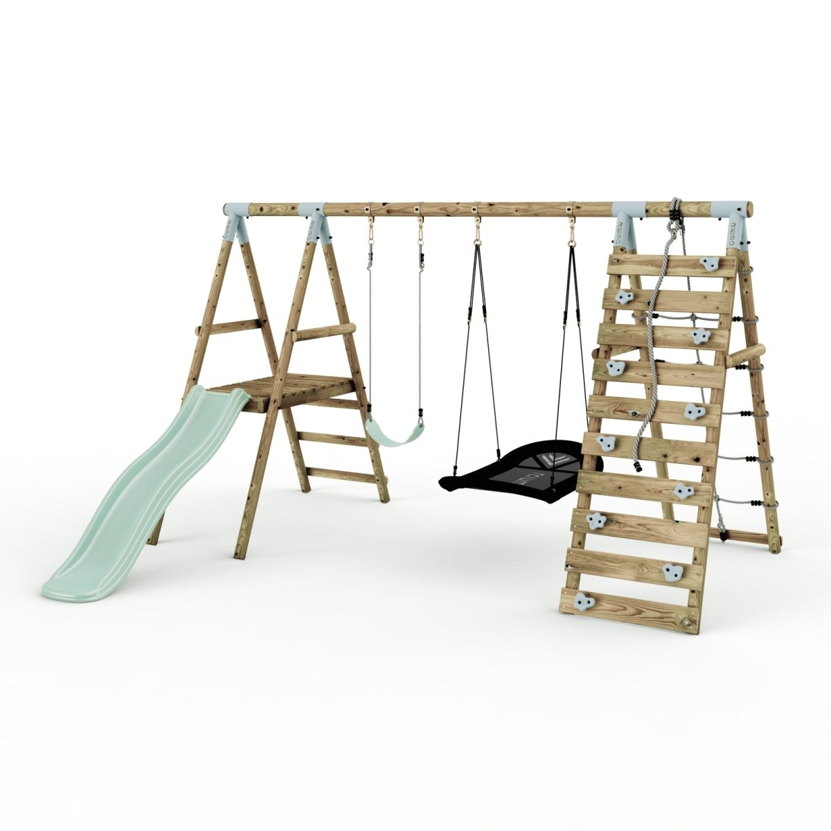 Limited Edition Rebo Wooden Double Swing Set with Slide plus Up and Over Climbing Wall - Quartz