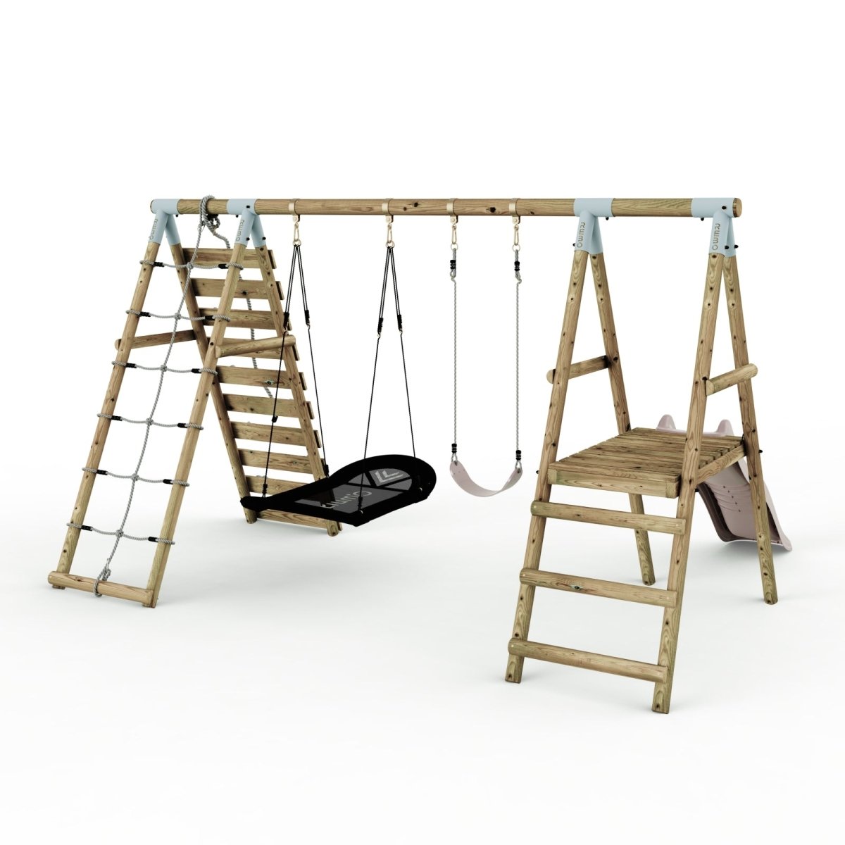 Limited Edition Rebo Wooden Double Swing Set with Slide plus Up and Over Climbing Wall - Quartz