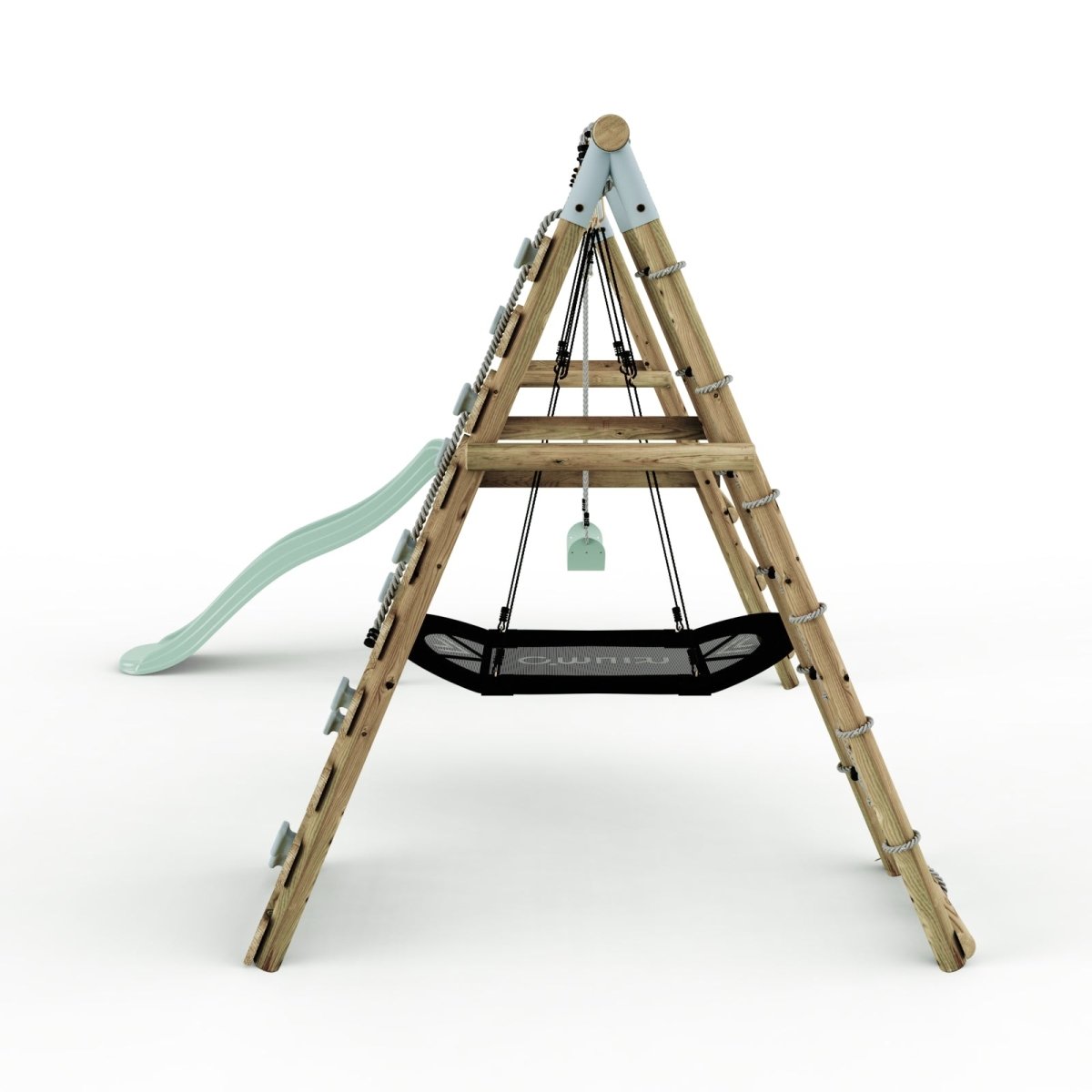 Limited Edition Rebo Wooden Double Swing Set with Slide plus Up and Over Climbing Wall - Quartz