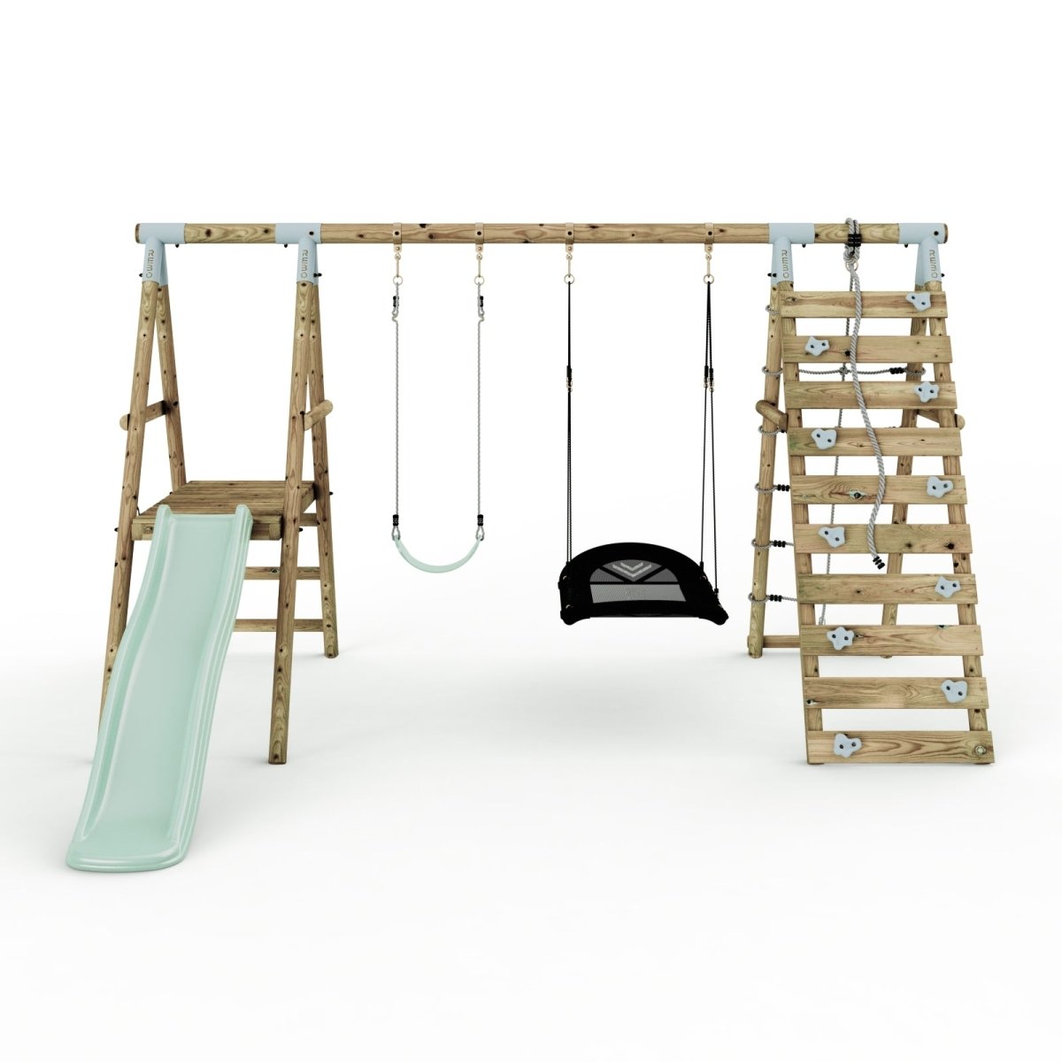 Limited Edition Rebo Wooden Double Swing Set with Slide plus Up and Over Climbing Wall - Quartz