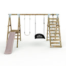 Limited Edition Rebo Wooden Double Swing Set with Slide plus Up and Over Climbing Wall - Quartz