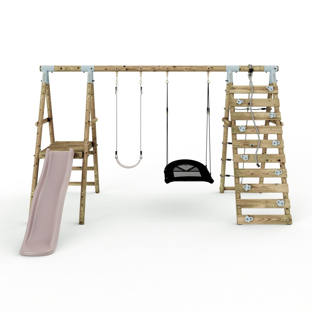 Limited Edition Rebo Wooden Double Swing Set with Slide plus Up and Over Climbing Wall - Quartz