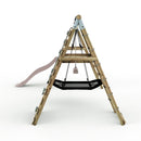 Limited Edition Rebo Wooden Double Swing Set with Slide plus Up and Over Climbing Wall - Quartz