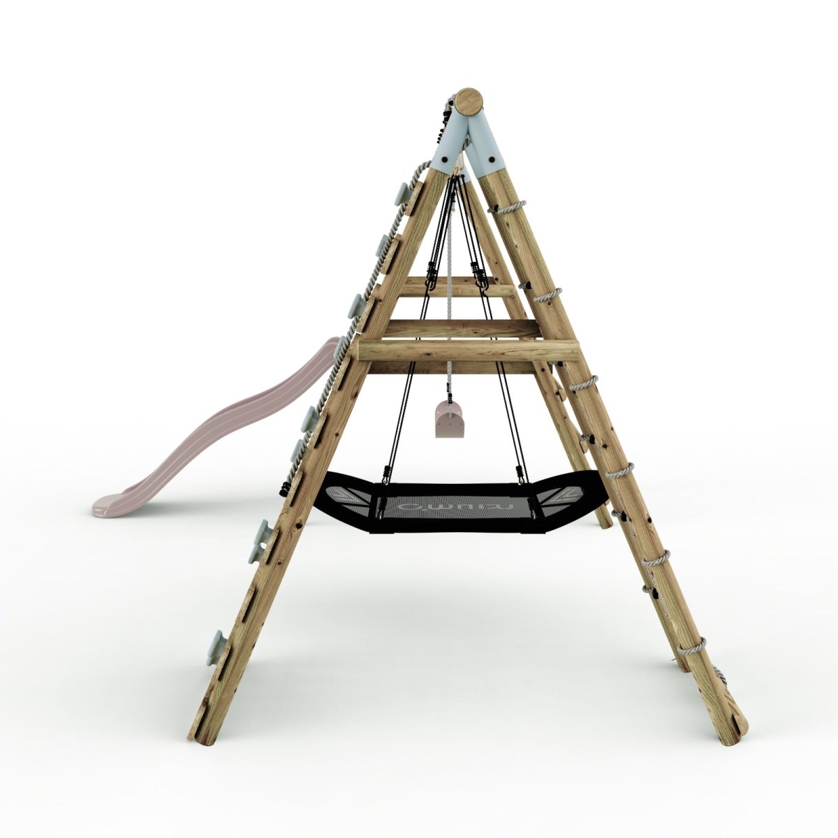 Limited Edition Rebo Wooden Double Swing Set with Slide plus Up and Over Climbing Wall - Quartz