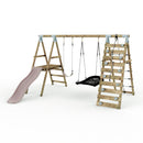 Limited Edition Rebo Wooden Double Swing Set with Slide plus Up and Over Climbing Wall - Quartz