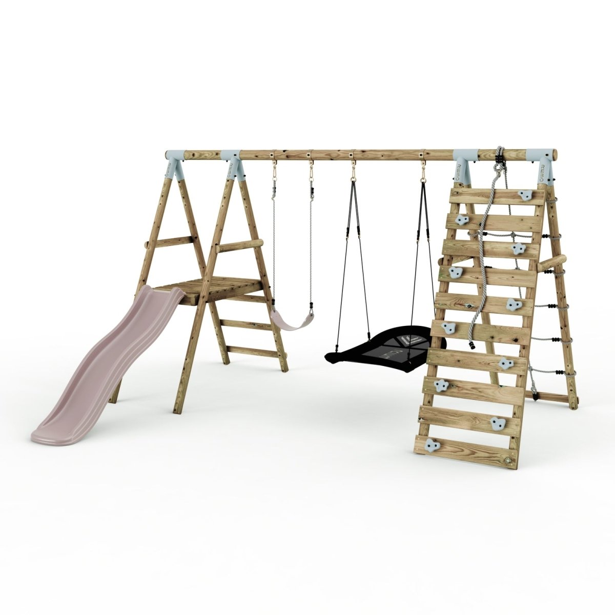 Limited Edition Rebo Wooden Double Swing Set with Slide plus Up and Over Climbing Wall - Quartz