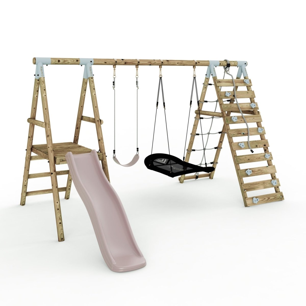 Limited Edition Rebo Wooden Double Swing Set with Slide plus Up and Over Climbing Wall - Quartz