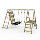 Limited Edition Rebo Wooden Double Swing Set with Slide plus Up and Over Climbing Wall - Quartz