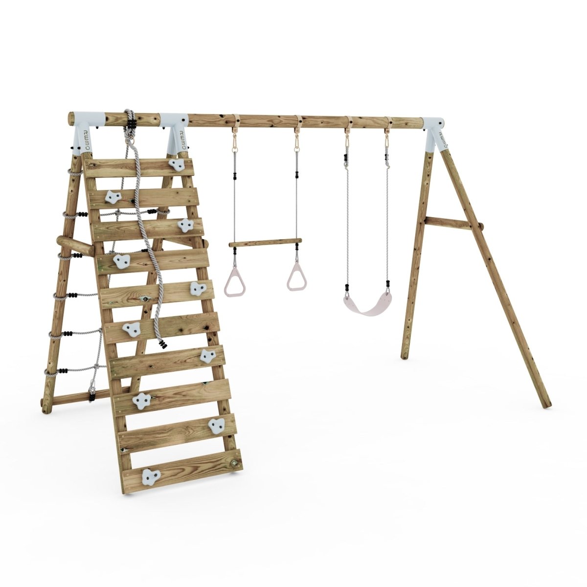 Limited Edition Rebo Wooden Double Swing Set with Up and Over Climbing Wall - Savannah