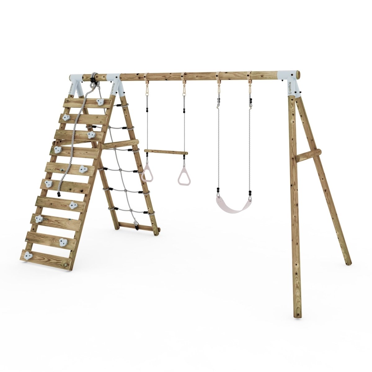 Limited Edition Rebo Wooden Double Swing Set with Up and Over Climbing Wall - Savannah