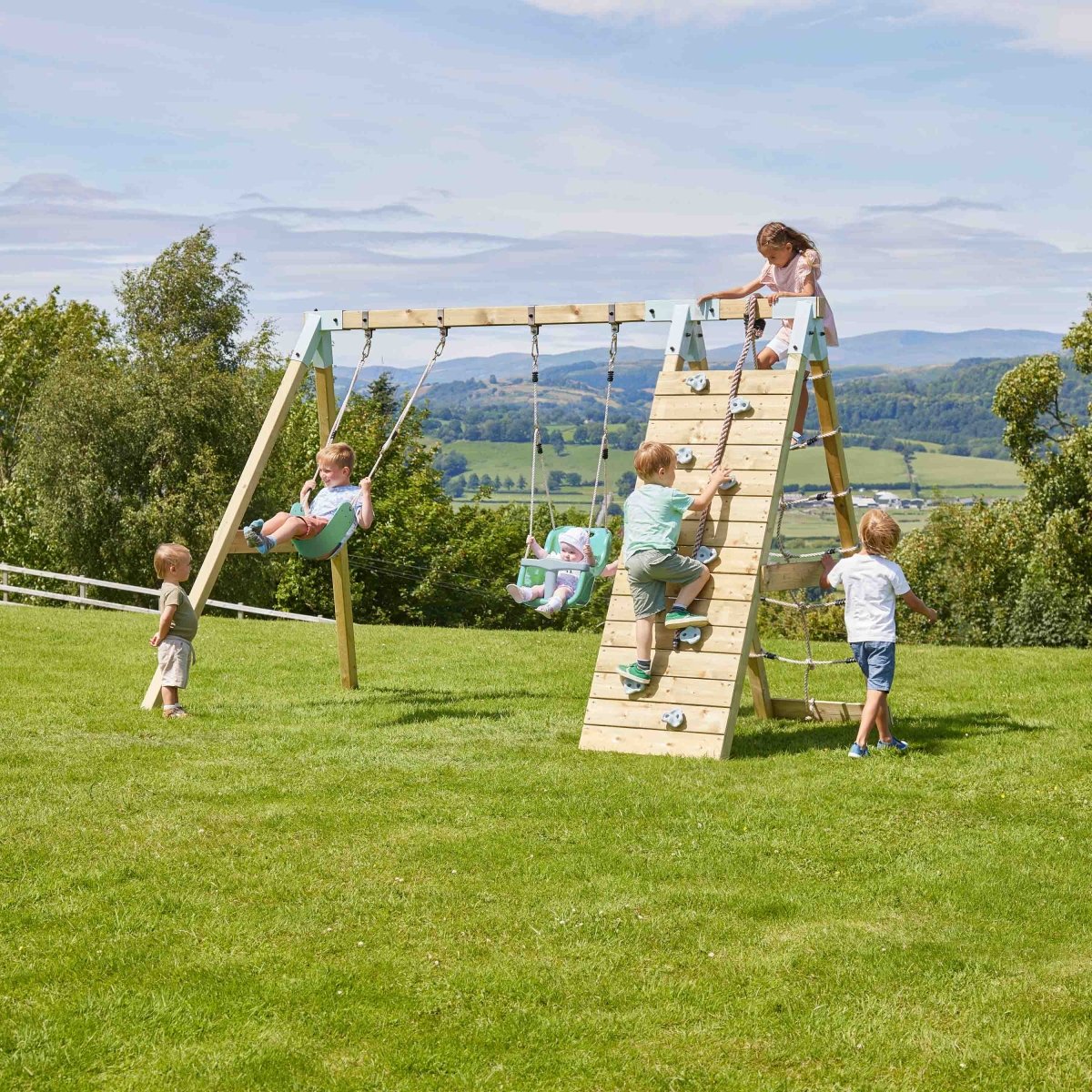 PolarPlay Premium Double Swing Set with Climbing Wall