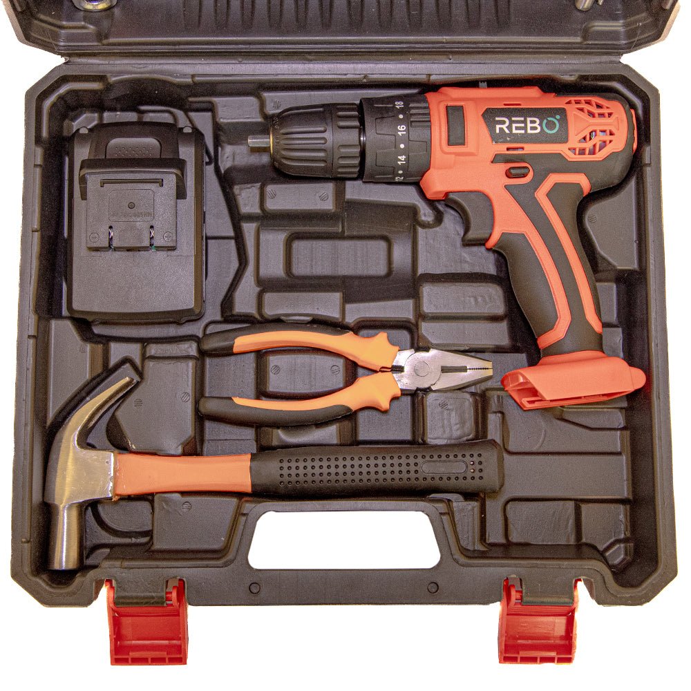 Rebo Cordless 21V Impact Drill with Tool Set