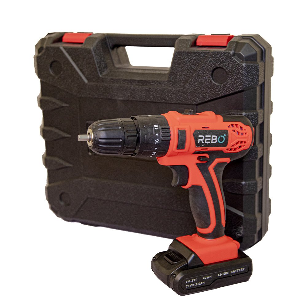 Rebo Cordless 21V Impact Drill with Tool Set