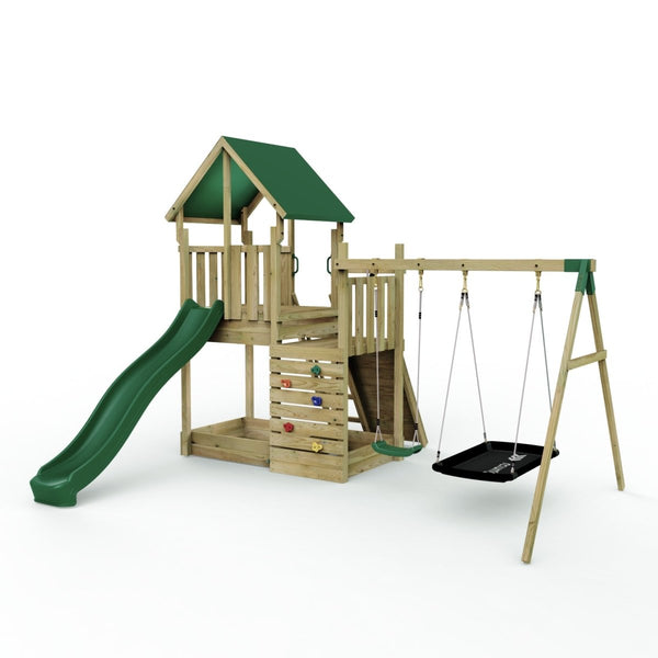 Rebo Modular Wooden Climbing Frame Adventure Playset - M3 plus Ramp & Double Swing