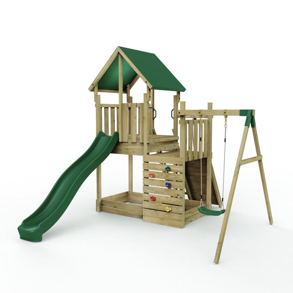 Rebo Modular Wooden Climbing Frame Adventure Playset - M3 plus Ramp & Single Swing