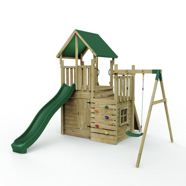 Rebo Modular Wooden Climbing Frame Adventure Playset - M8 plus Ramp & Single Swing