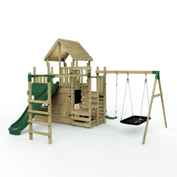 Rebo Modular Wooden Climbing Frame Playset - M25 Swings, Monkey Bars & Den