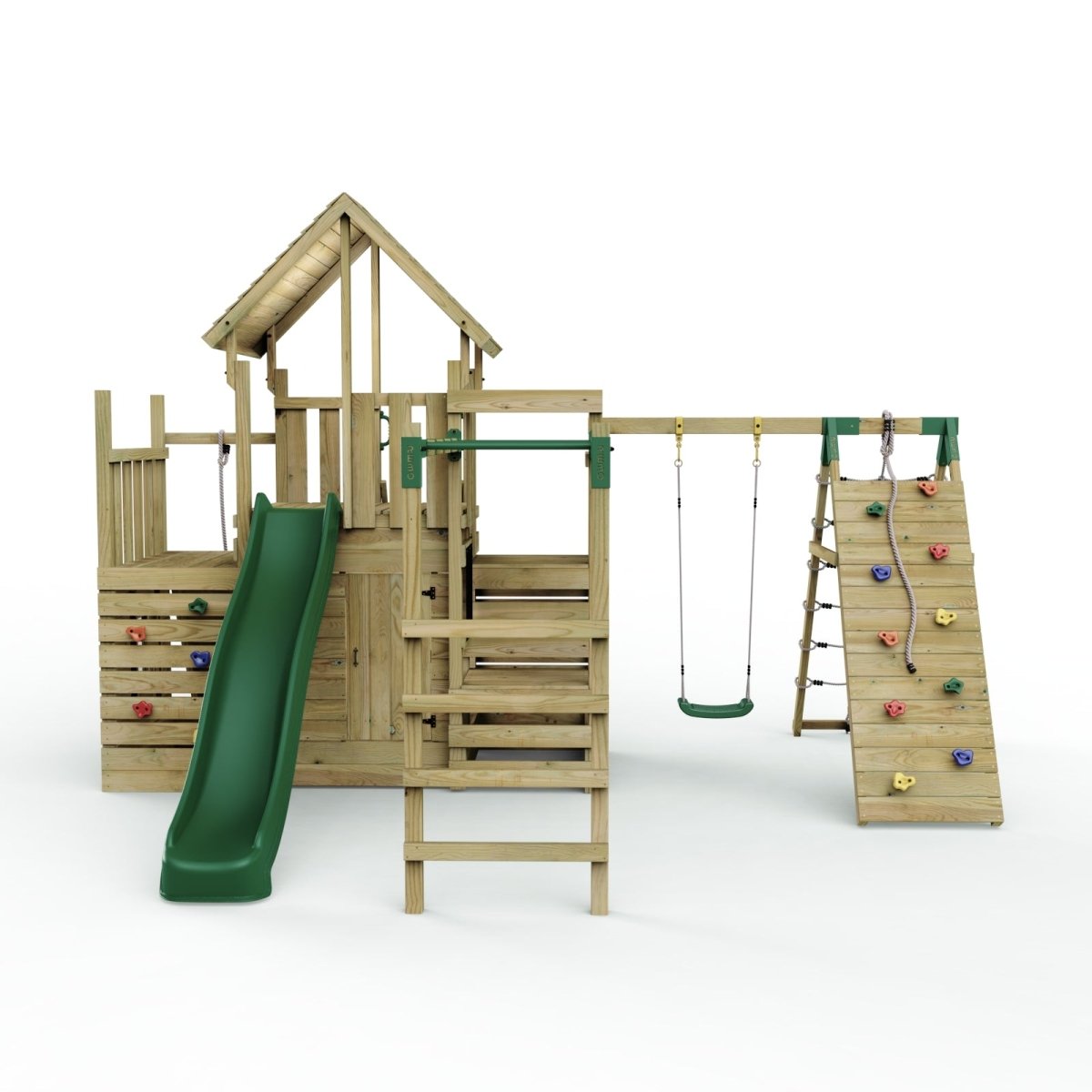 Rebo Modular Wooden Climbing Frame Playset - M26 Swings, Monkey Bars & Den