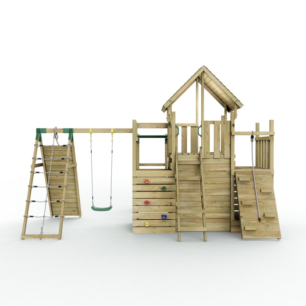 Rebo Modular Wooden Climbing Frame Playset - M26 Swings, Monkey Bars & Den