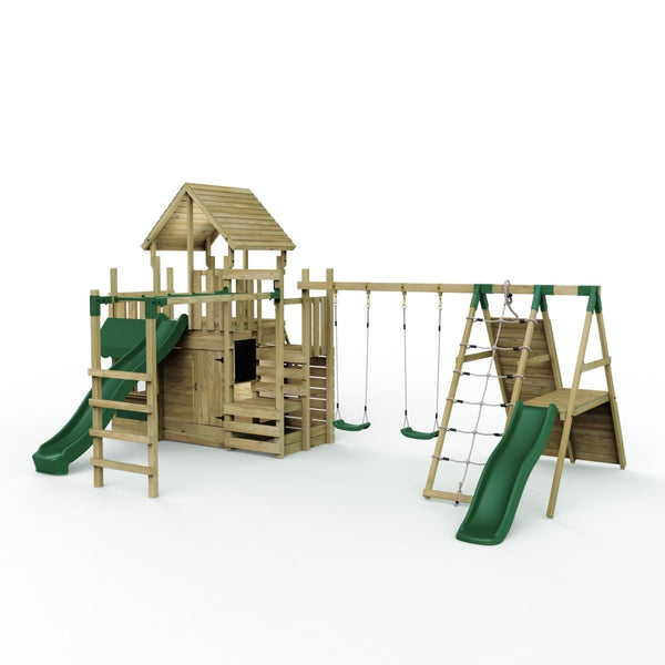 Rebo Modular Wooden Climbing Frame Playset - M27 Double Swing, Monkey Bars & Den