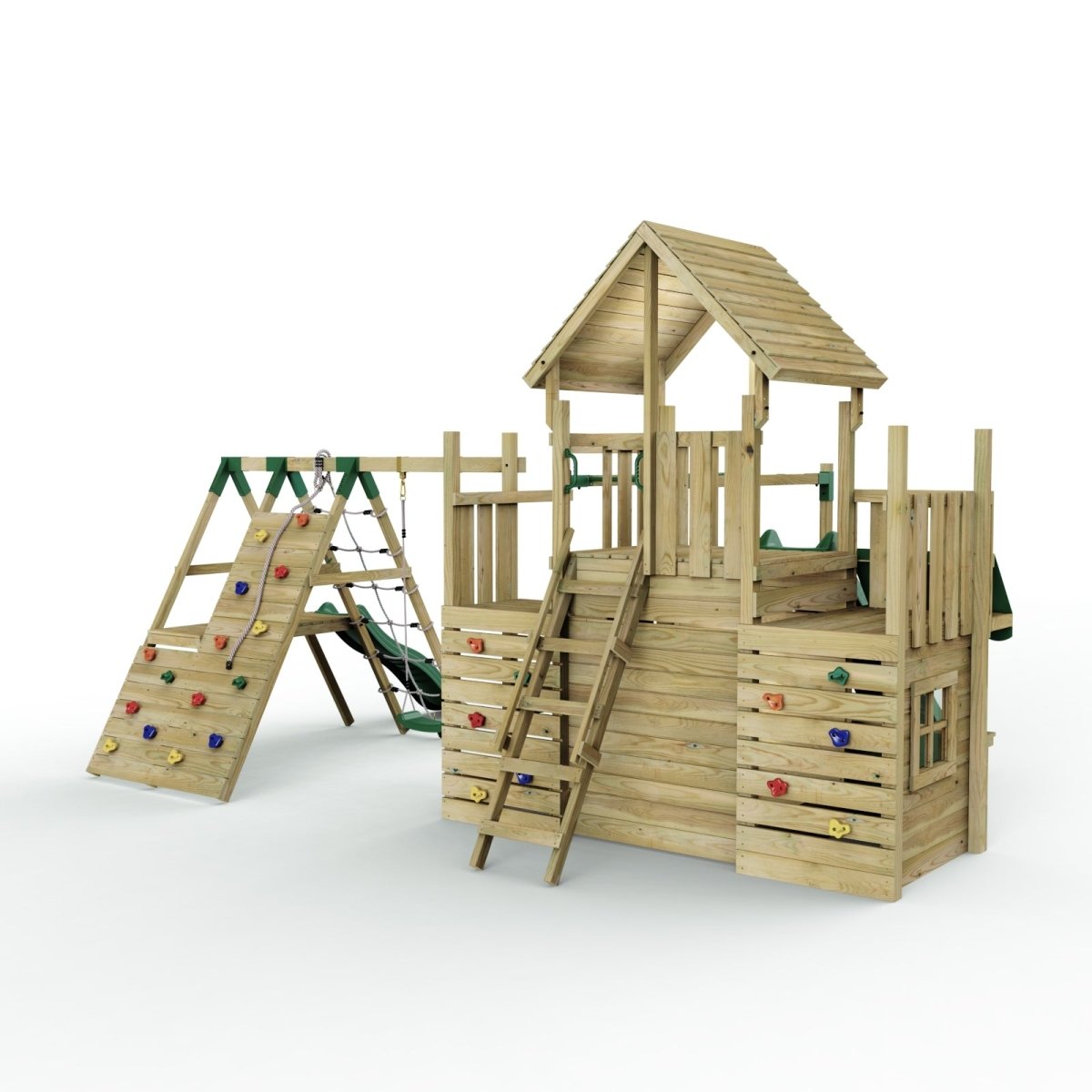 Rebo Modular Wooden Climbing Frame Playset - M27 Single Swing, Monkey Bars & Den