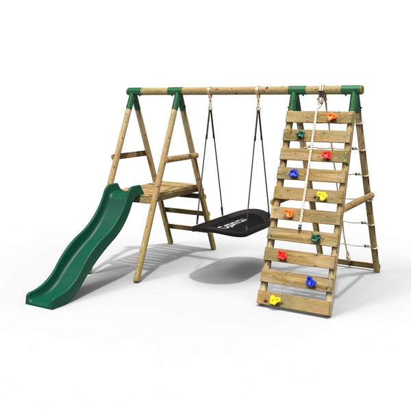 Mountain View Lodge Swing Set with Wooden Roof- Multicolor Accessories &  Green Slide 