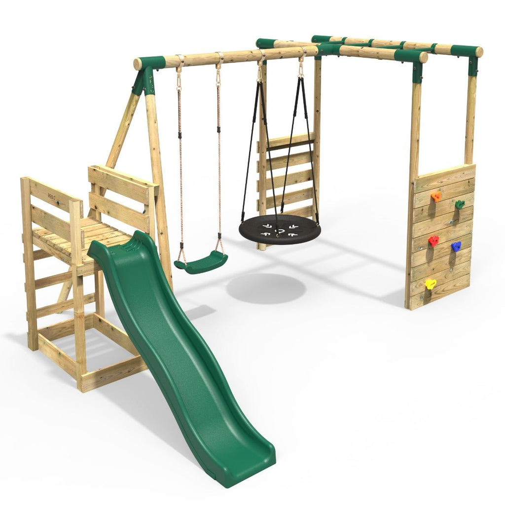Rebo Satellite Green Swing Set, Monkey Bars & 6ft Slide